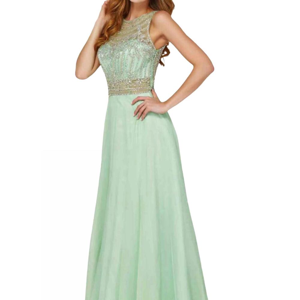 NEW ANGELA & ALISON high neckline prom dress in light spring gr